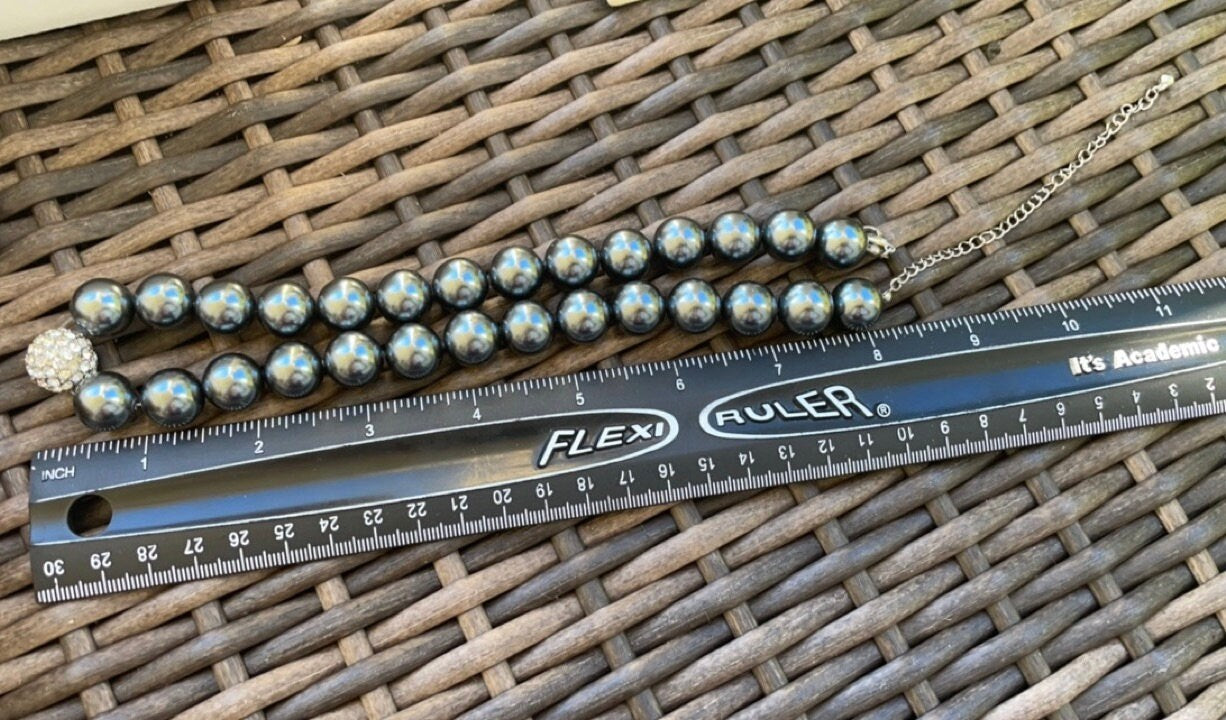 Stunning vintage large black faux pearl round beads with rhinestone ball that adds sparkle and bling