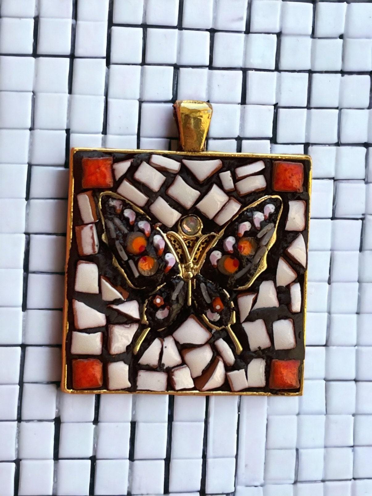 Mixed Material Butterfly Necklace: Hand Cut Tile and Italian Glass