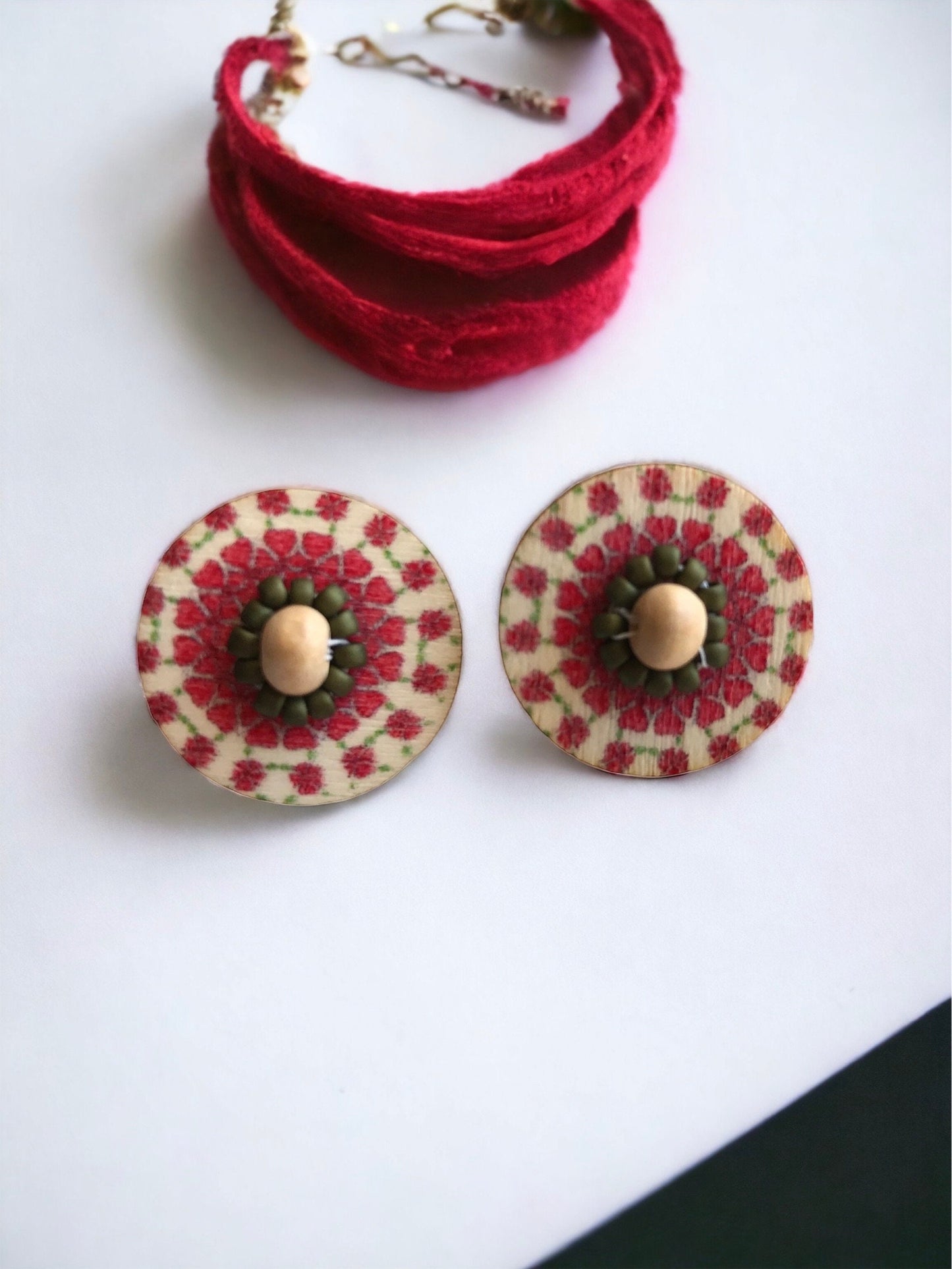 Stunning beadwork mandala stud earrings - red, natural tan and brown