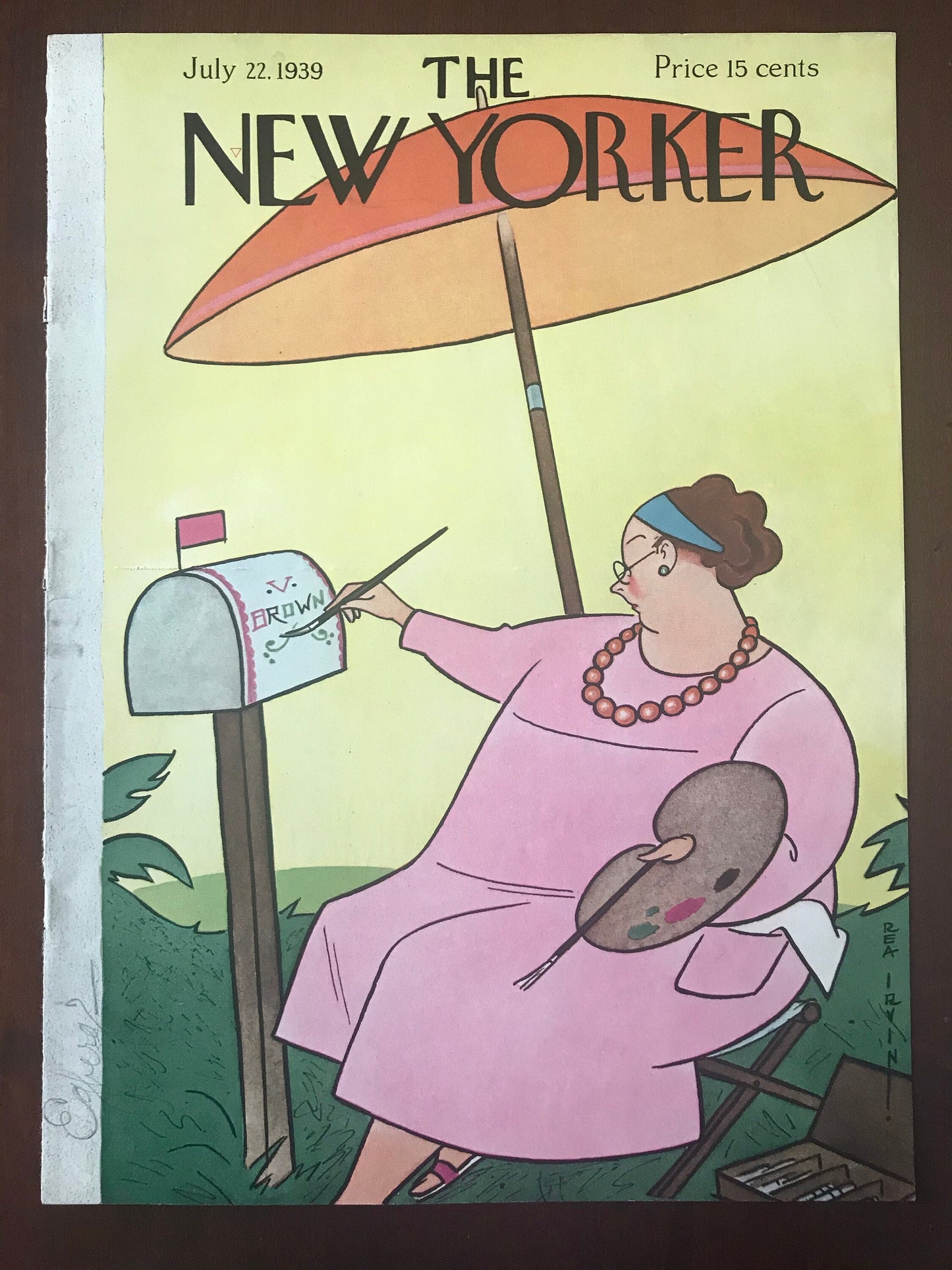Rare - July 22, 1939 - The NEW YORKER Magazine original cover by Rea Irvin - pink dressed woman painting mailbox - please read description