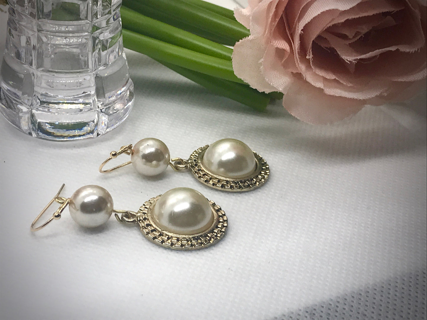 Handmade earrings with upcycled faux pearls