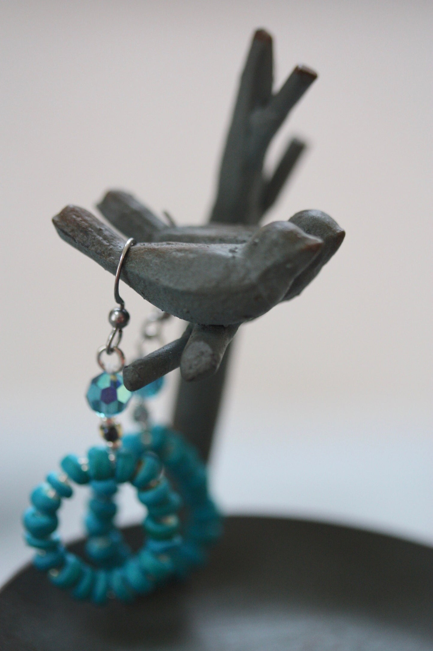 Blue wood heishi beads with crystal white glass spacers and blue faceted crystal dangle hoop earrings - vintage and new materials