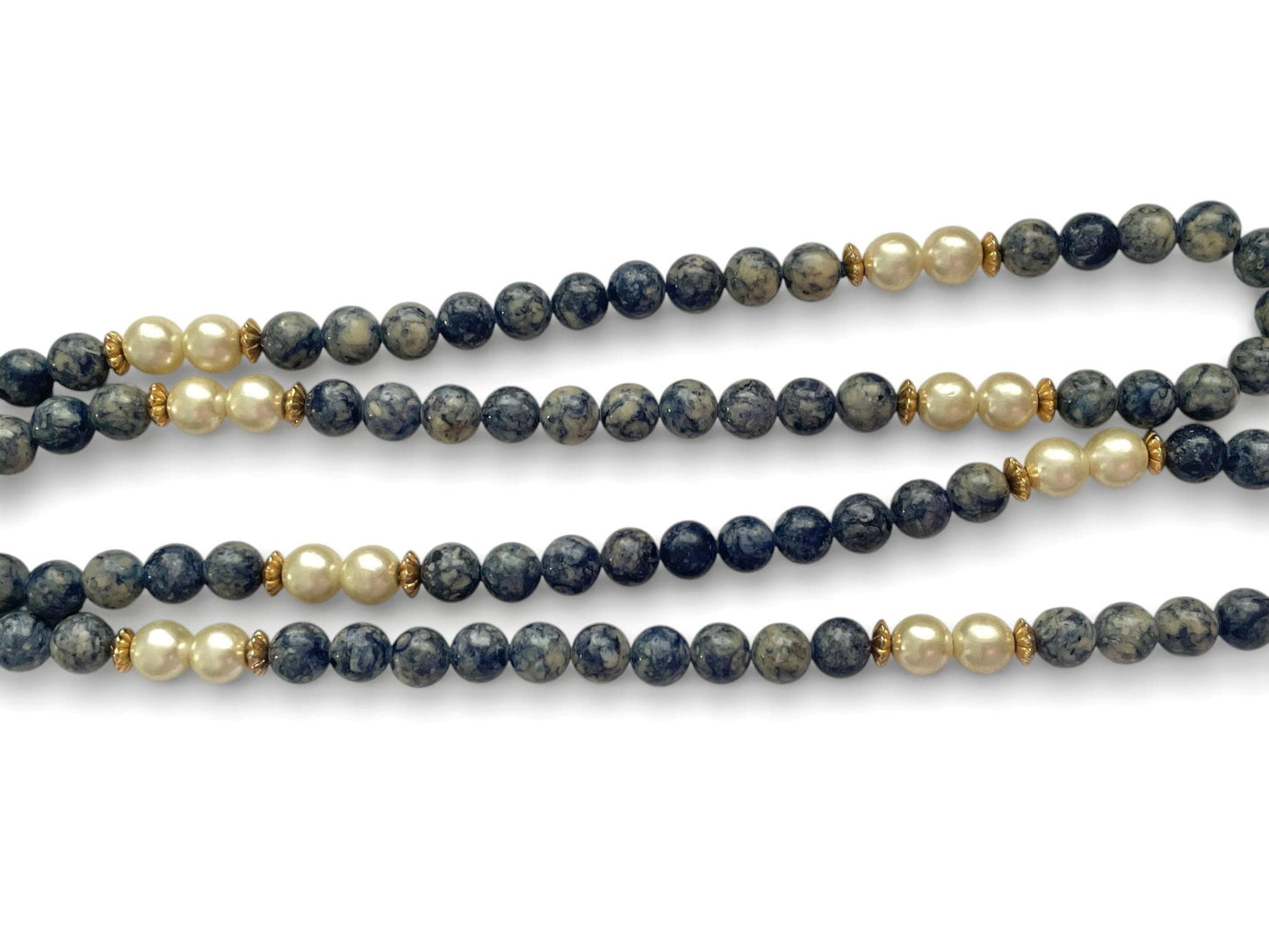 Long Blue Sodalite & Faux Pearl Necklace 32” Vintage Beaded Strand Gold Spacers Layering Statement Jewelry
