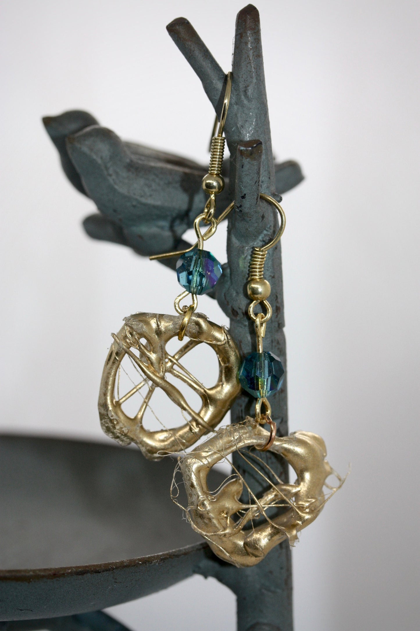 Lightweight faux metal unique free form handmade goldtone dangle earrings with AB blue crystals