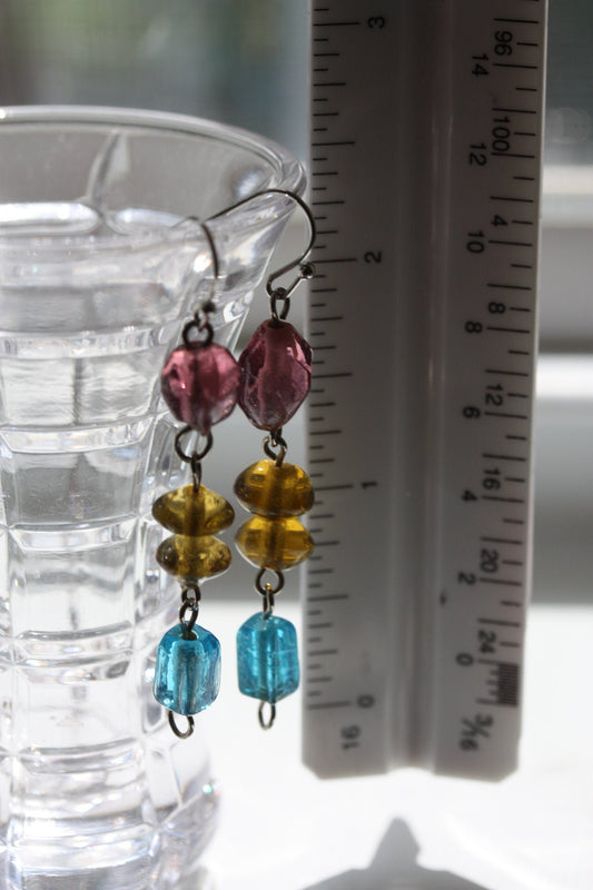 Handmade dangle earrings made of colorful recovered vintage glass