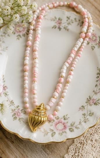 Lucite Shell Necklace Vintage KJL Avon 36 Inch Pink White Gold Tone
