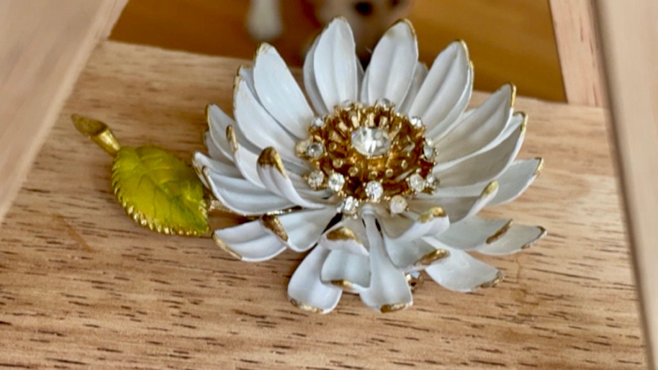Revised, Modernized, Upcycled - hand made / hand painted one-of-a-kind mixed media vintage white flower pin with rhinestones