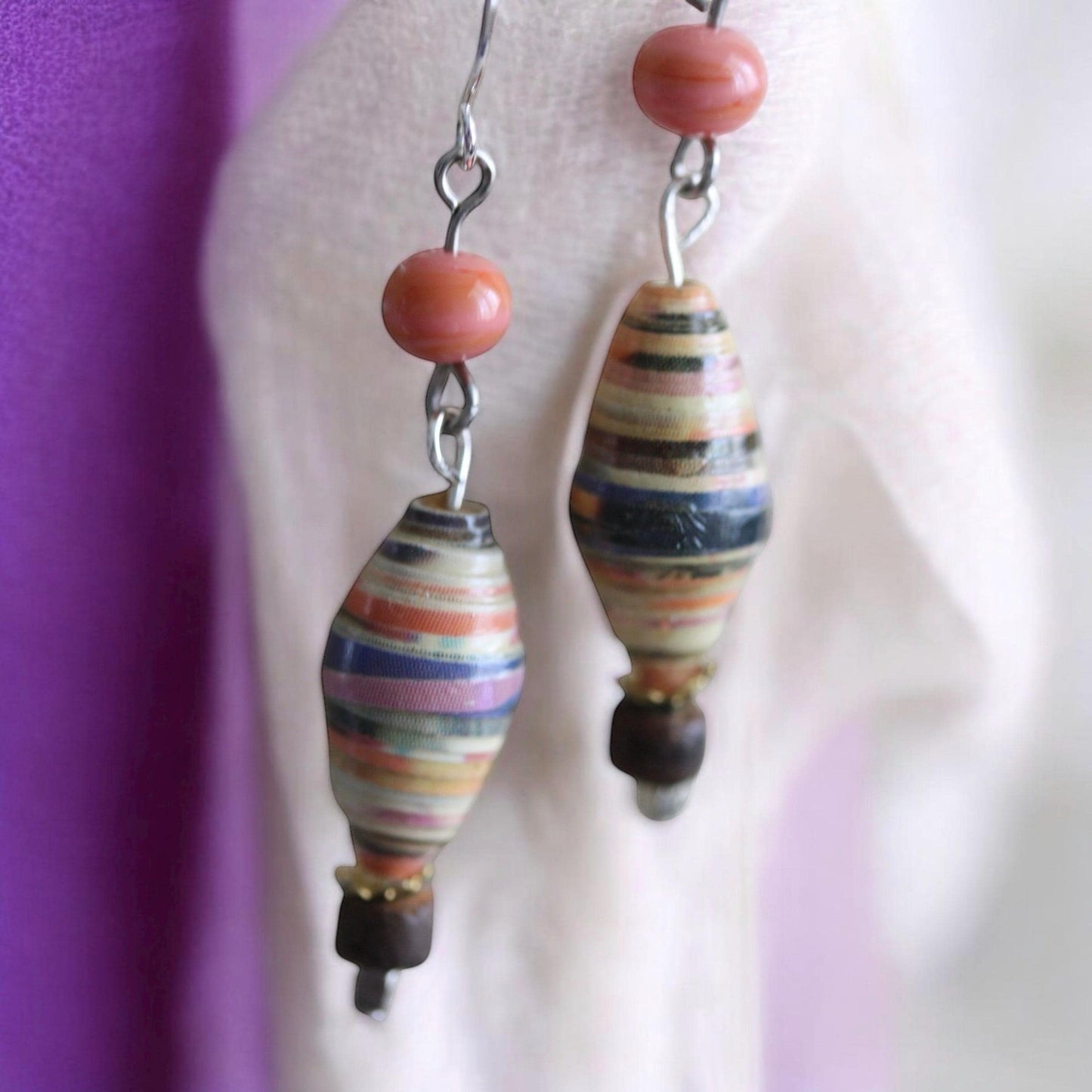 Oval rolled paper with coral glass - handmade dangle earrings - 2" long