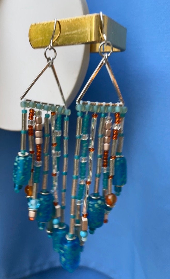 Hand beaded stunning dangle mixed material long statement beadwork earrings - art glass, crystal, metal, semi precious stone, seed beads