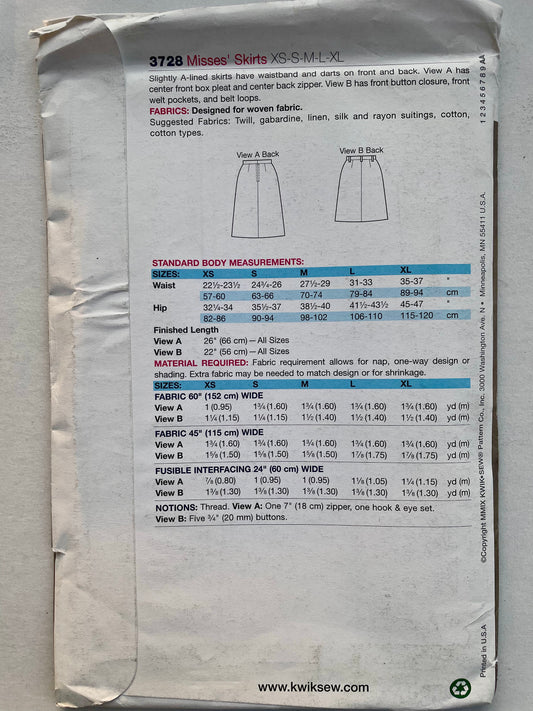 UNCUT Sewing Pattern - Kwik Sew 3728 Adult Skirts - Sizes XS, S, M, L, XL