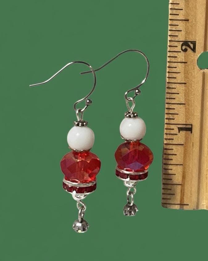 Handmade Red Crystal & White Bead Dangle Christmas Earrings – Sparkly Drop Earrings, Lightweight Beaded Jewelry