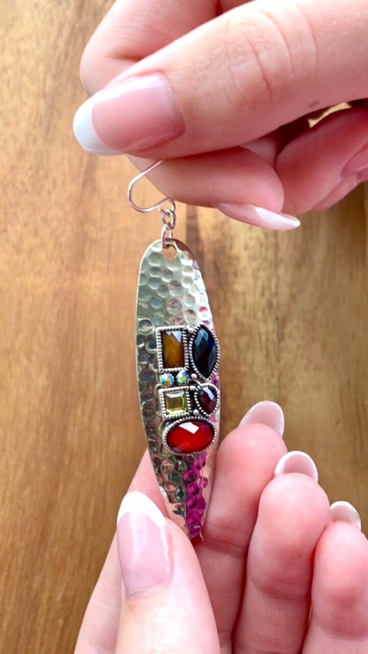 Hammered metal earrings with rhinestone studded mixed media collage