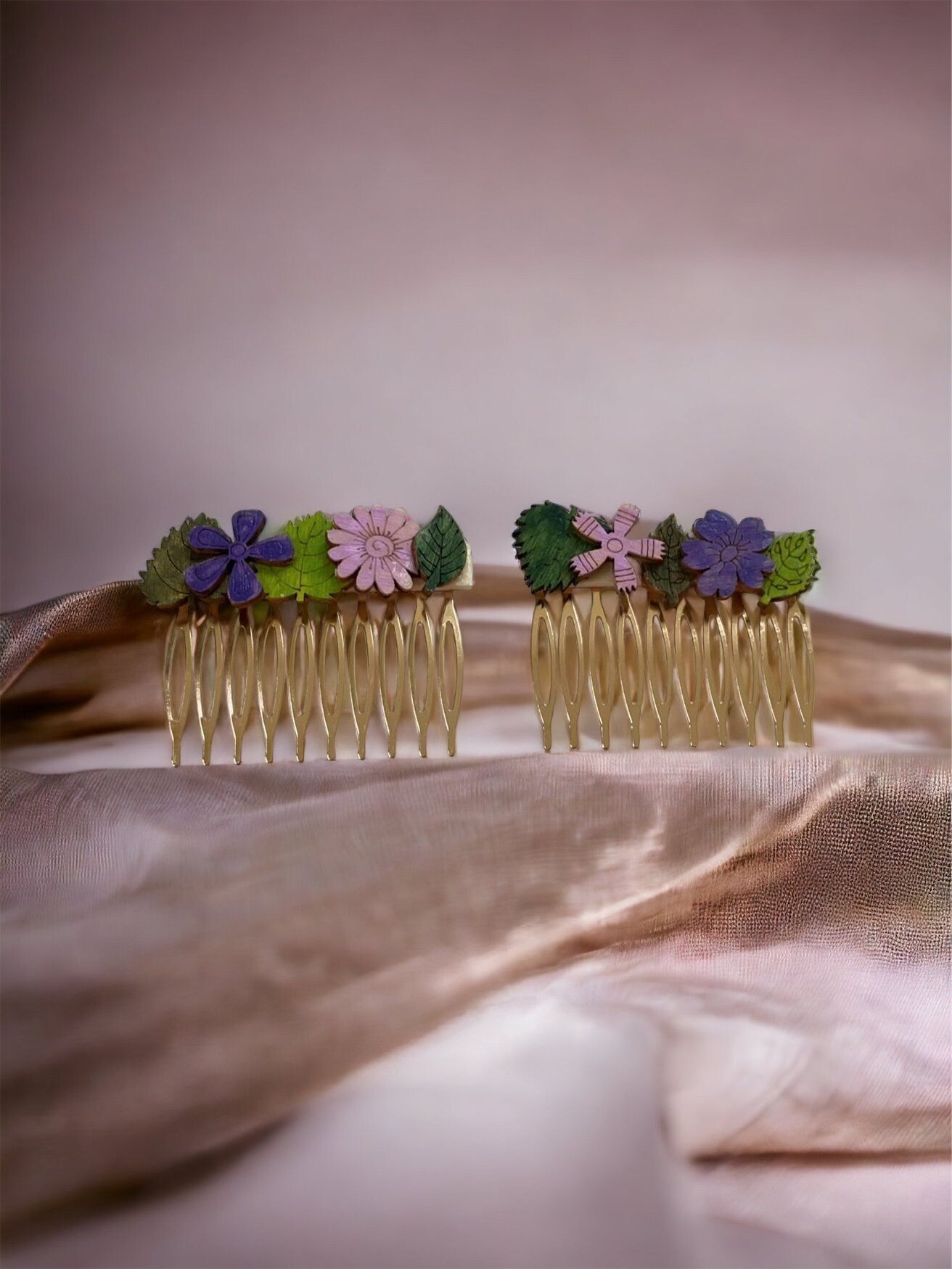 Pair of handpainted wooden flowers on metal hair comb - floral garden
