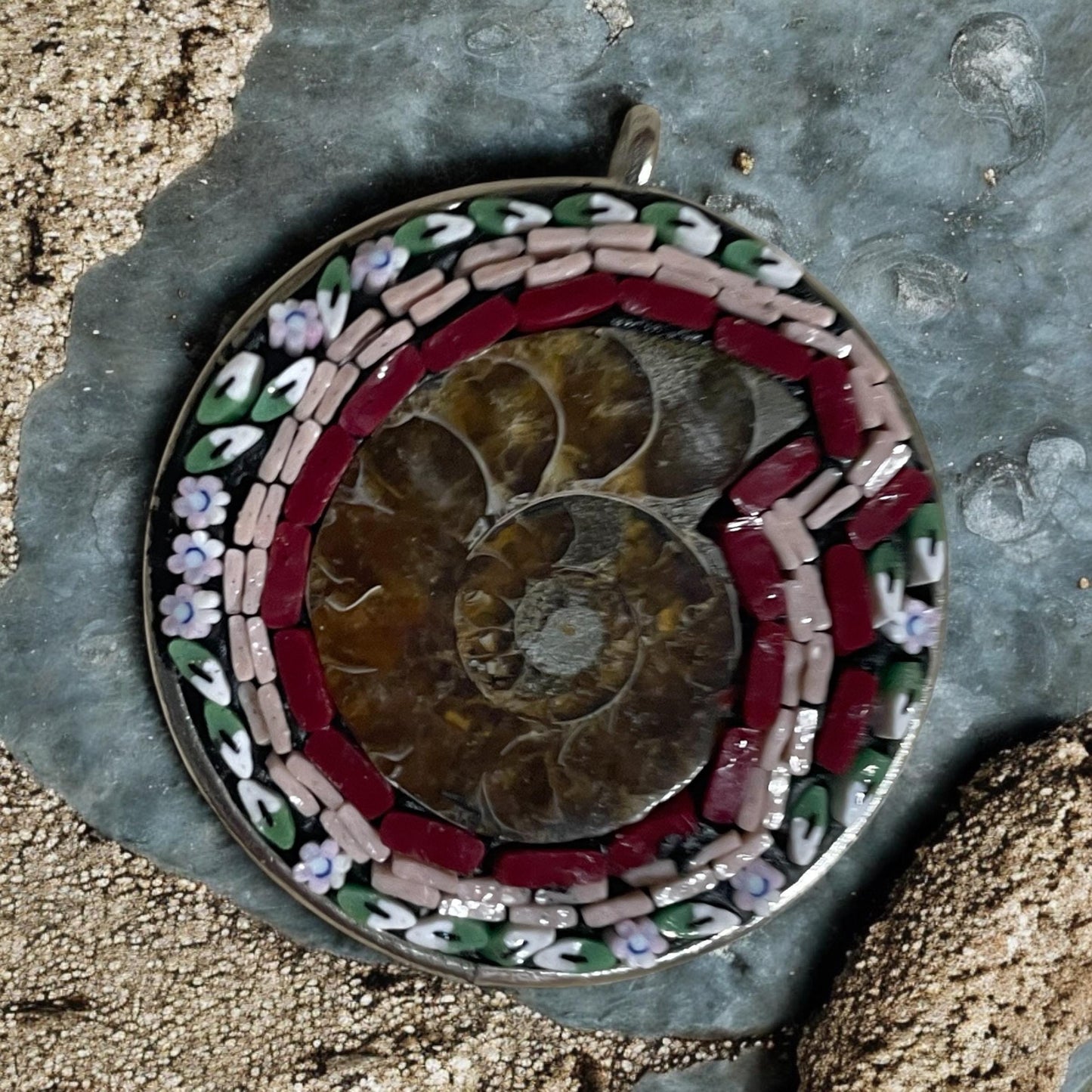 Handmade Ammonite Micro Mosaic Necklace – Unique Fossil Jewelry with Hand-Cut Italian Murrini – Stunning Statement Pendant Gift for Her