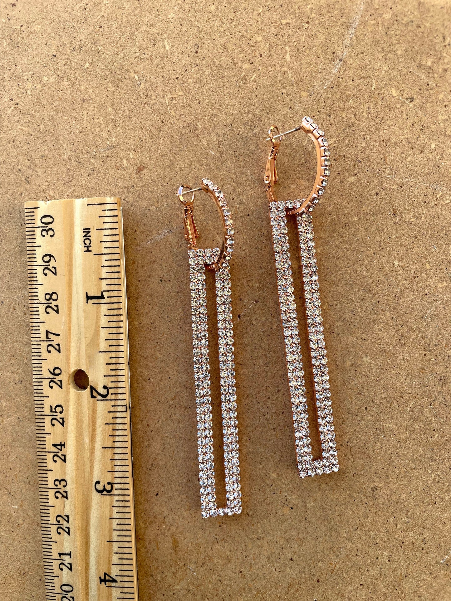 Simply elegant vintage earrings - rhinestone hoops with long rectangular rhinestone dangles