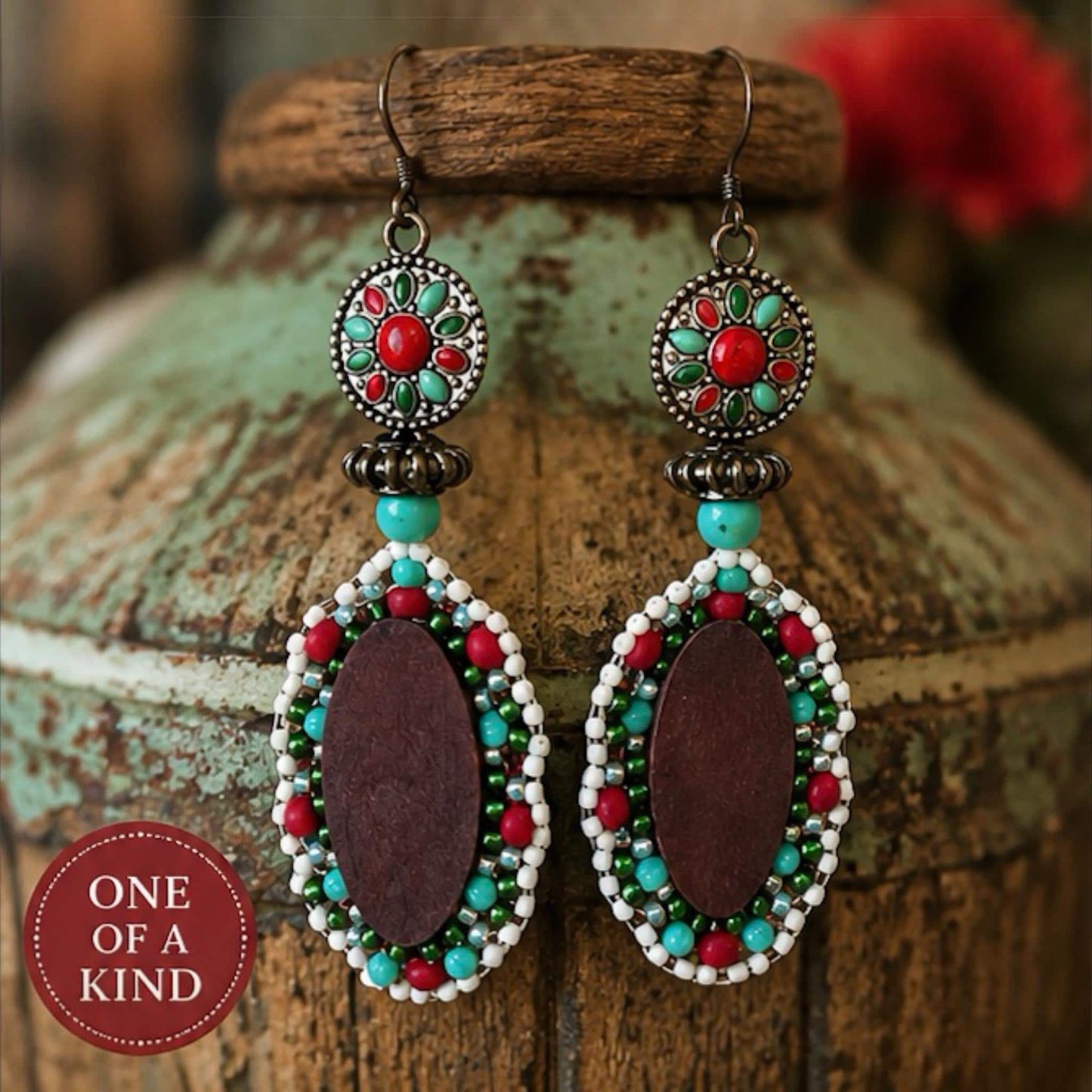 Handmade Beaded Dangle Earrings | Upcycled Vintage Wood & Enamel Beadwork Statement Earrings  | One of a Kind Artisan Jewelry