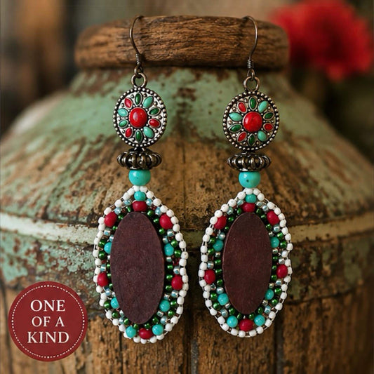 Handmade Beaded Dangle Earrings | Upcycled Vintage Wood & Enamel Beadwork Statement Earrings  | One of a Kind Artisan Jewelry