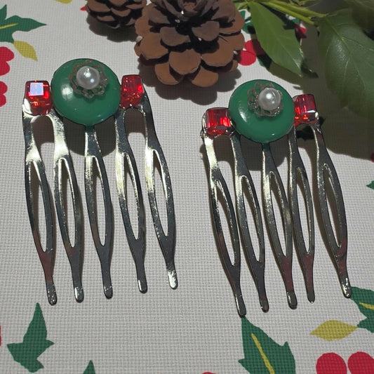 Handmade Green Wood & Red Crystal Hair Combs – Mixed Materials, Faux Pearl and Filigree, 1" Decorative Hair Accessories