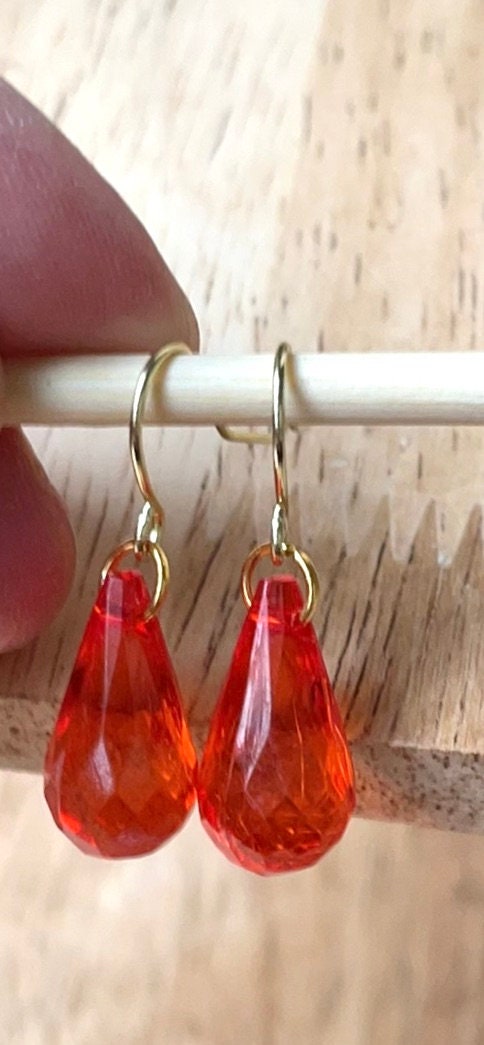 Simple upcycled orangish red faux crystal teardrop dangle earrings