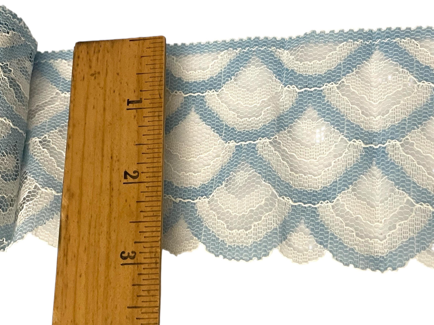 Vintage wide scalloped blue and creamy white lace trim - 3" wide - priced per yard