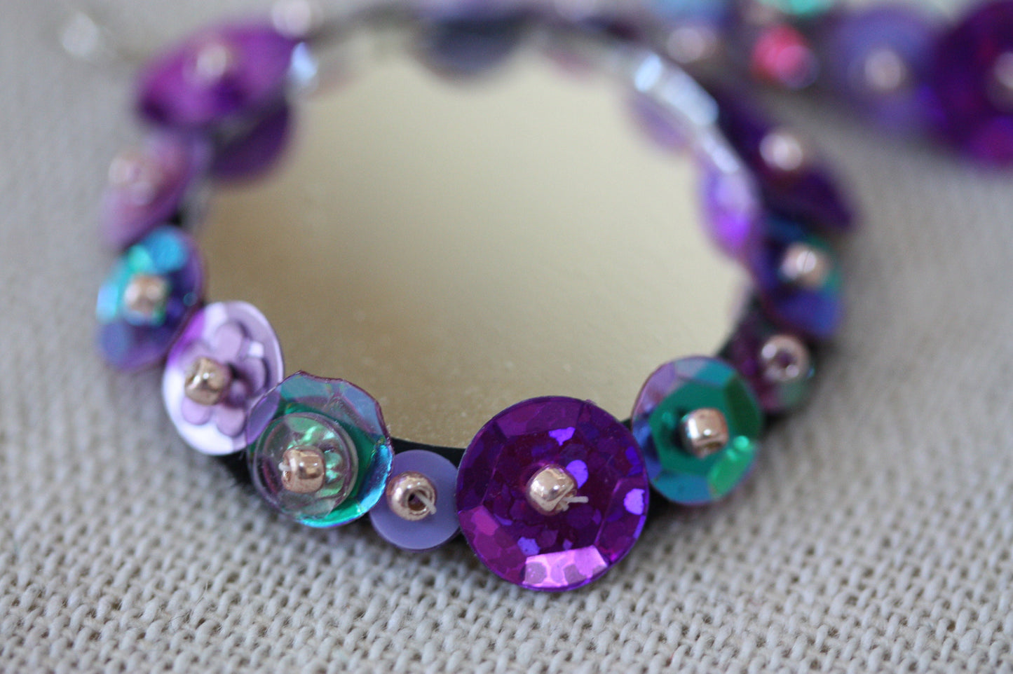 Unique hand beaded and sequined dangle mirror earrings