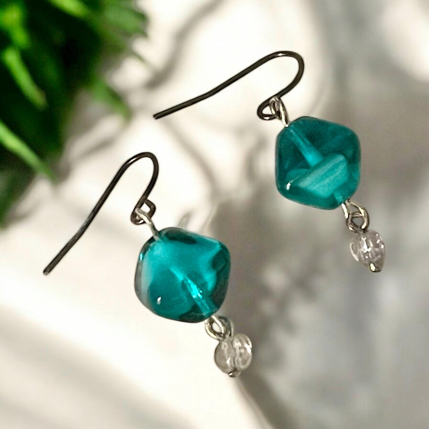Triangular shaped turquoise glass and crystal drop earrings