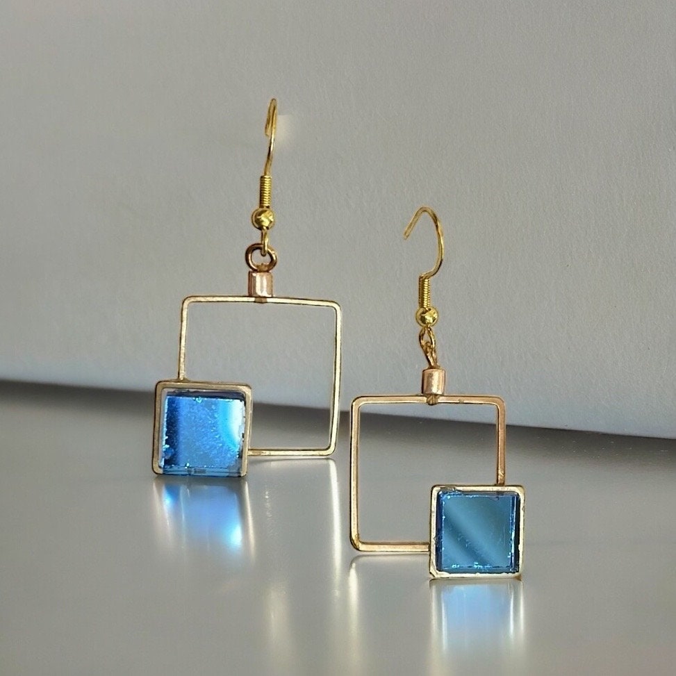 Unique geometric dangle earrings with blue mirrors
