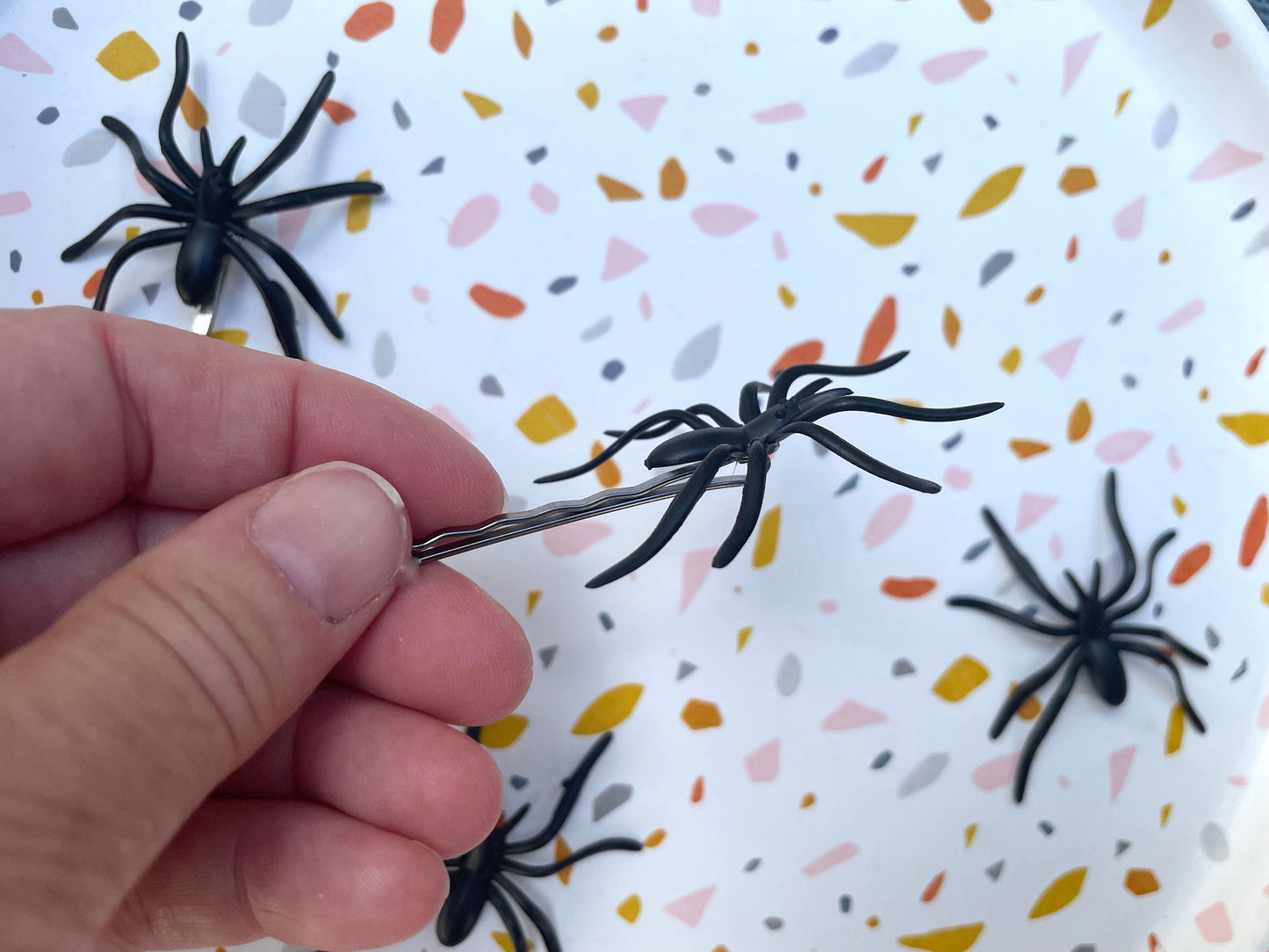Pair of fun Halloween Black Spider hair pins - scary, spooky fun Halloween jewelry, costume, accessories