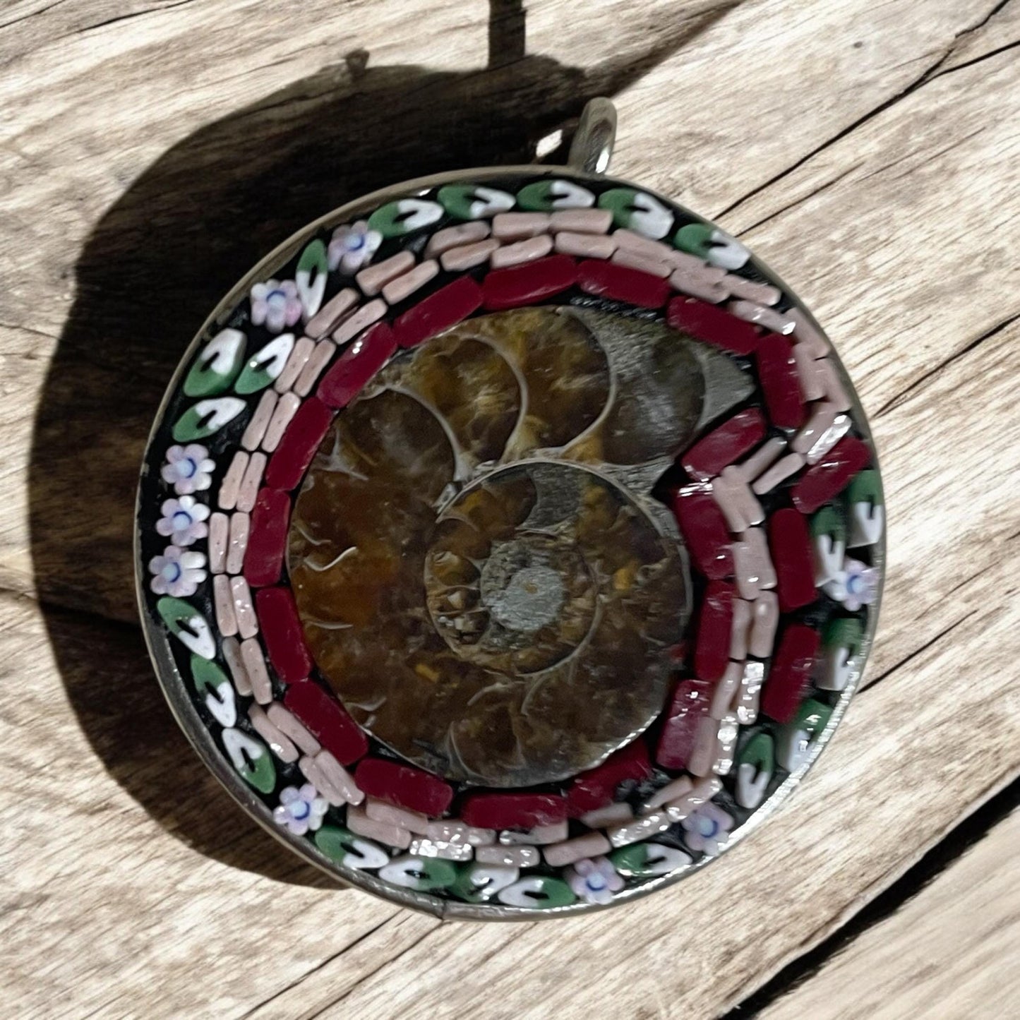 Handmade Ammonite Micro Mosaic Necklace – Unique Fossil Jewelry with Hand-Cut Italian Murrini – Stunning Statement Pendant Gift for Her