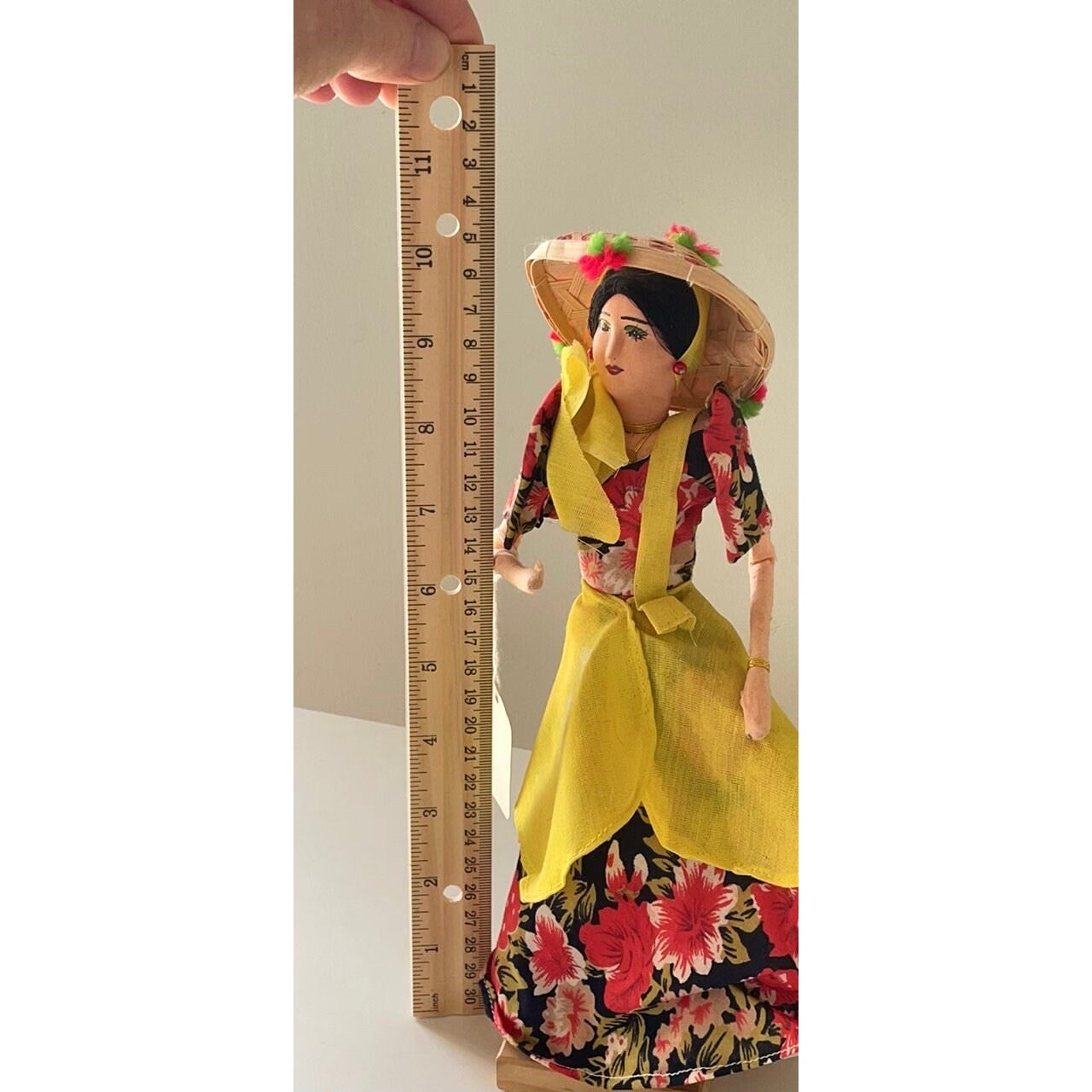 Stunning vintage Manila Philippines Collectible Floral Patadyong National Costume Doll with straw polka dot hat