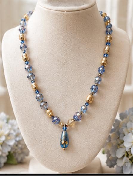 Vintage Artisan Crystal & Freshwater Pearl Necklace | Blue AB Crystal Teardrop Pendant | Elegant 18" Statement Necklace