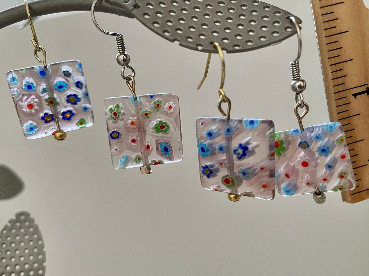 Stunning square glass millefiori floral dangle earrings