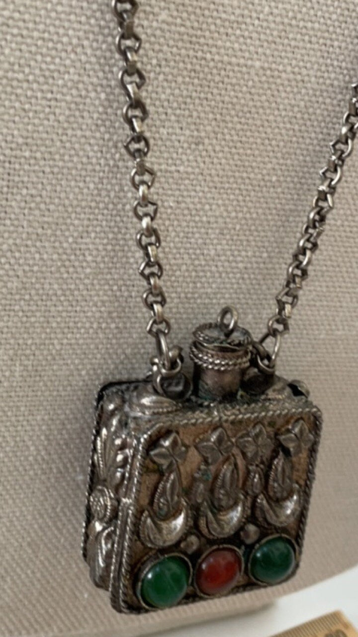Stunning inlaid gemstone jeweled Tibetan Perfume Bottle Pendant Necklace, prayer box, snuff bottle