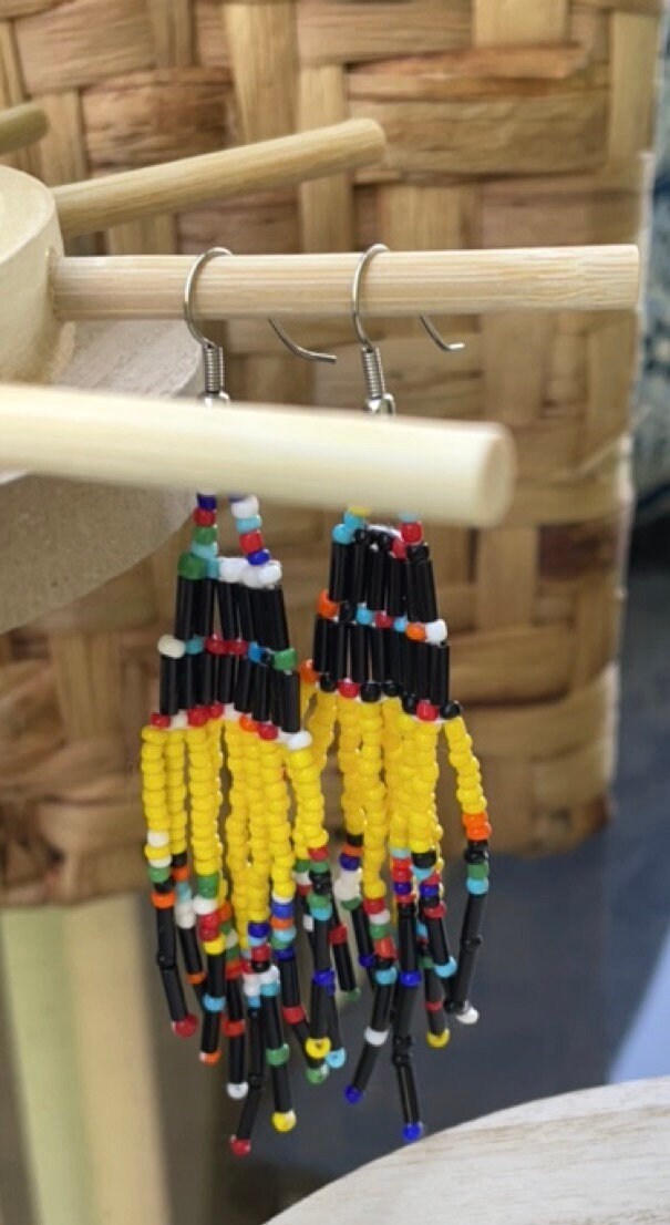 Handmade vintage beadwork dangle earrings - yellow, black and rainbow