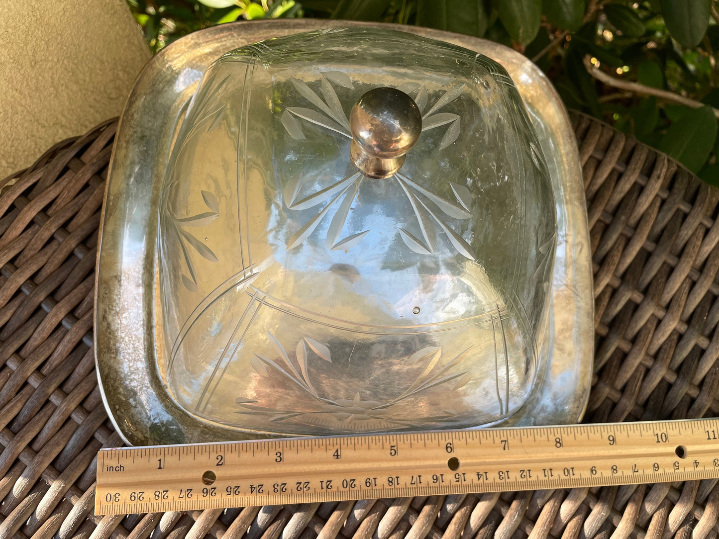 Vintage etched blown glass domed lid on silver square Cheese/Dessert dish