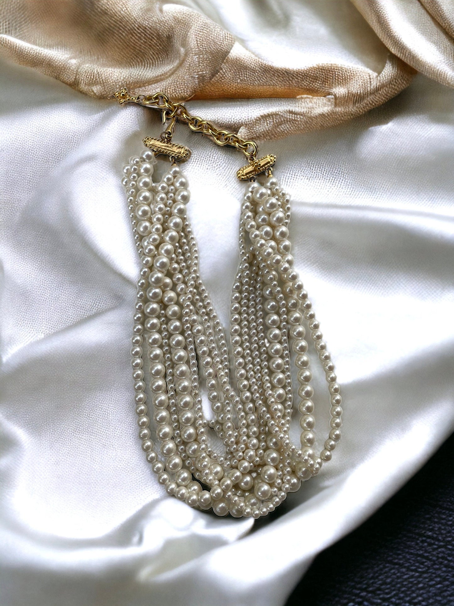 Stunning multi-stranded multi-sized all white faux pearl vintage necklace