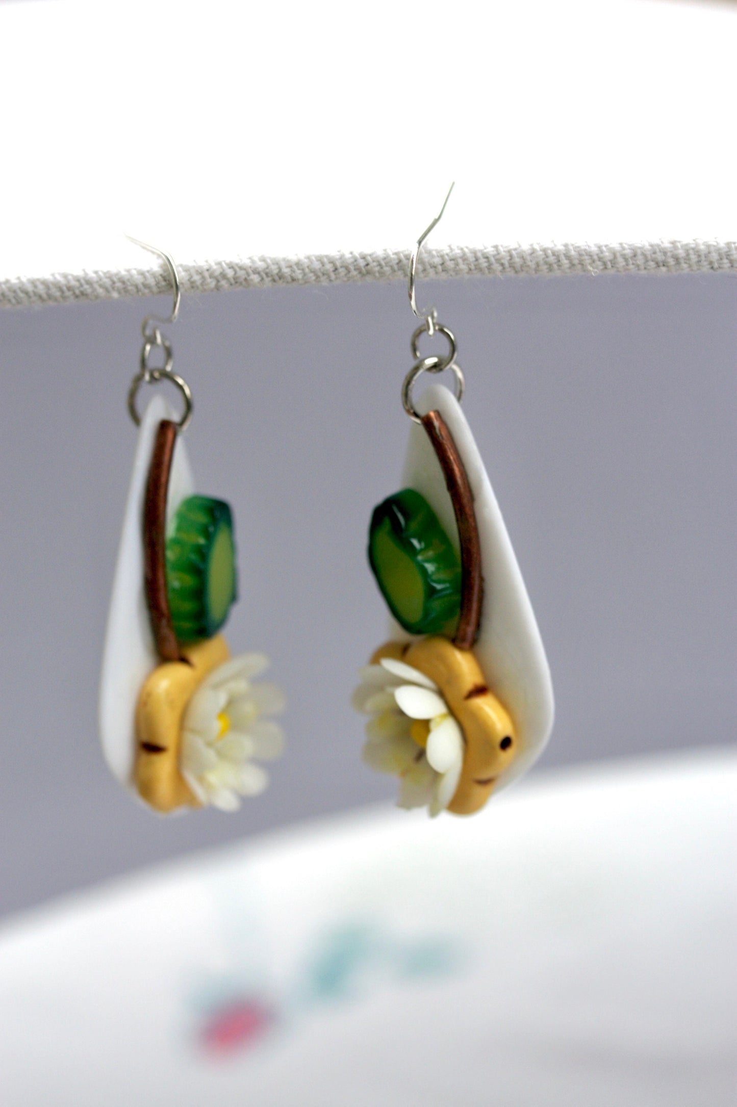 Unique Beadwork collage daisy flower earrings with sterling silver ear wires