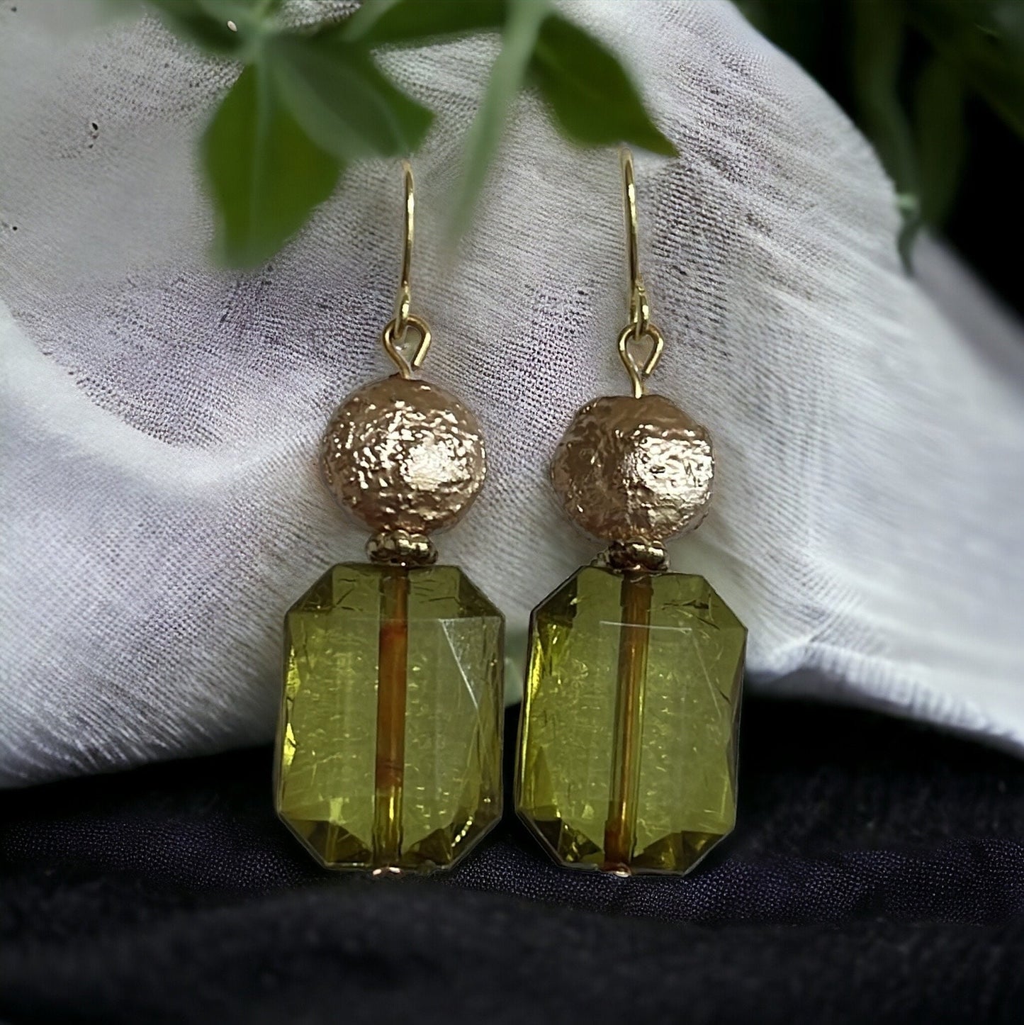 Clear green bevel and goldtone beaded dangle earrings