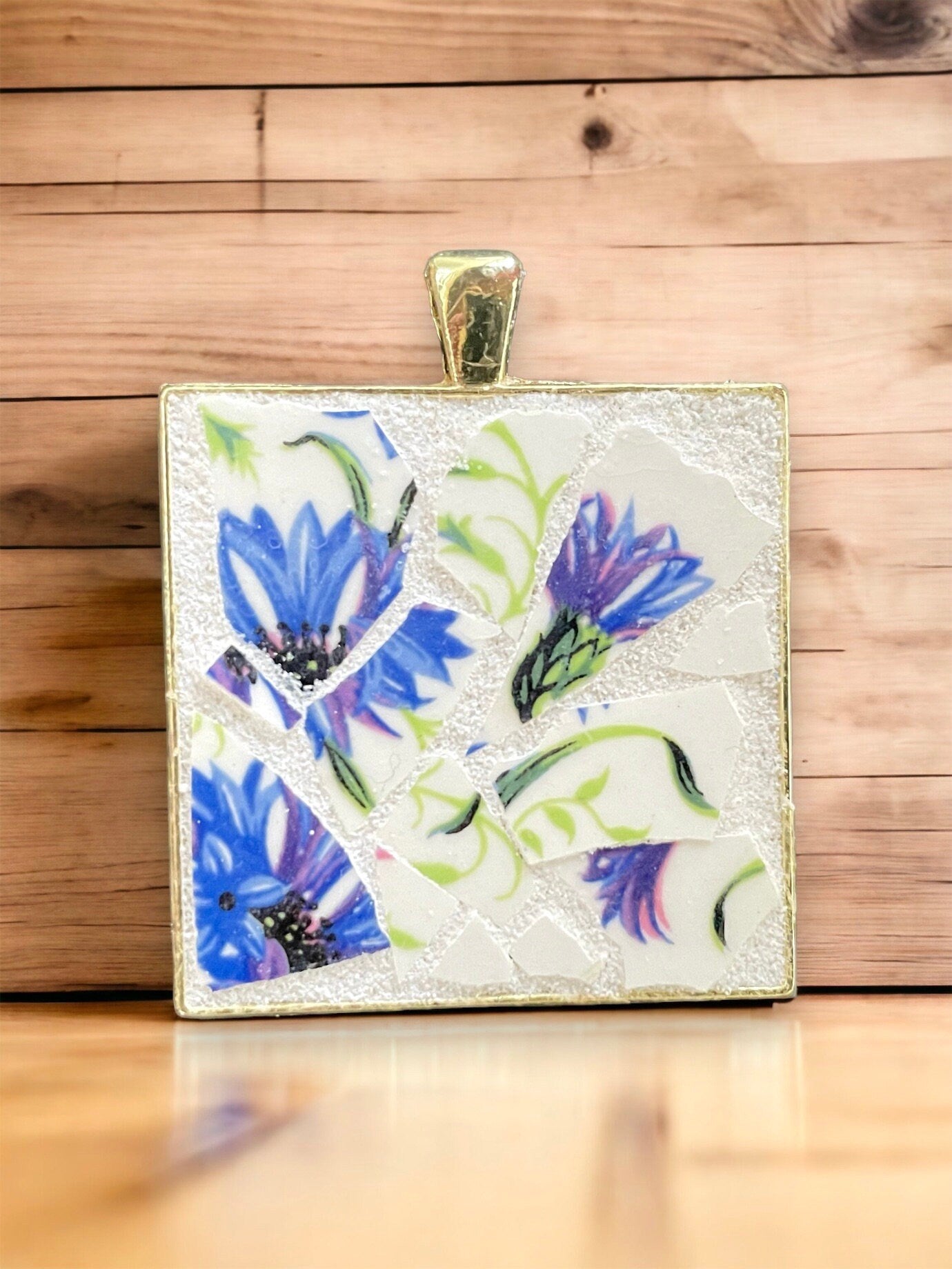 Handmade mosaic floral necklace - made of an upcycled broken vintage plate