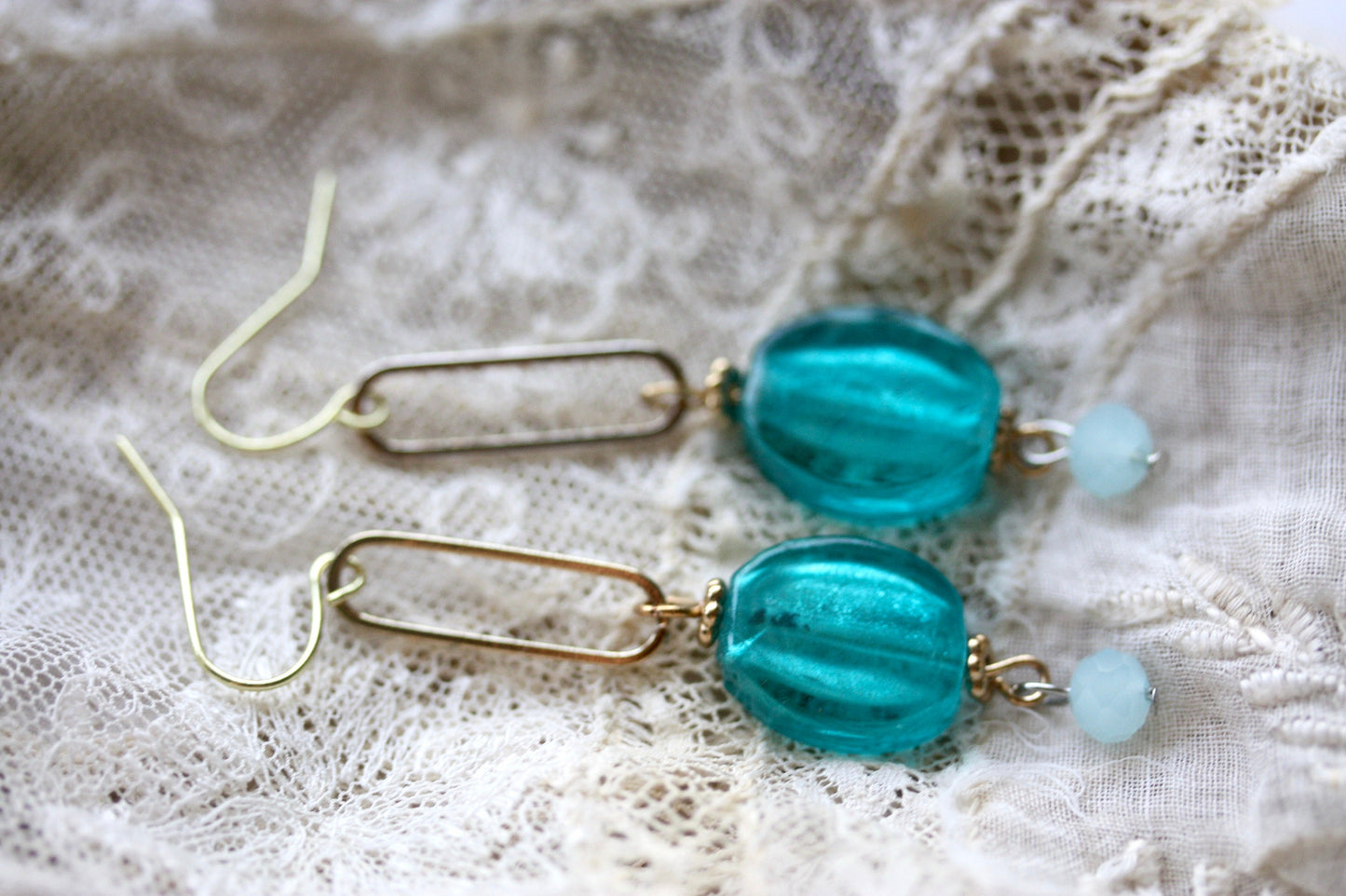 Turquoise glass and gold metal drop earrings
