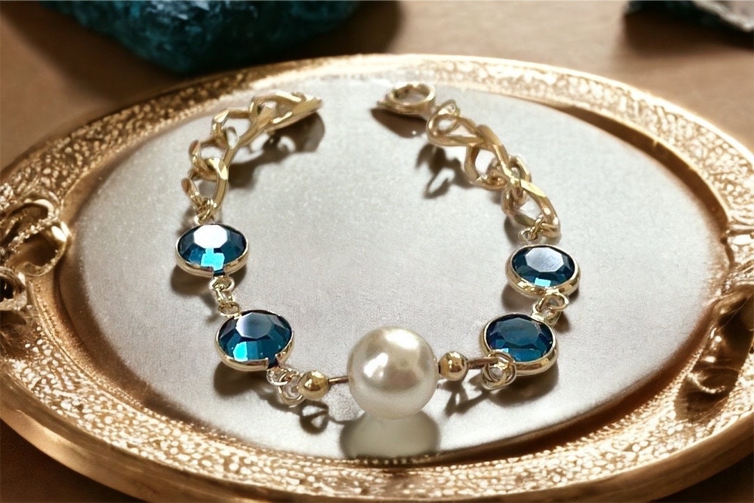 Blue crystal and faux pearl upcycled bracelet