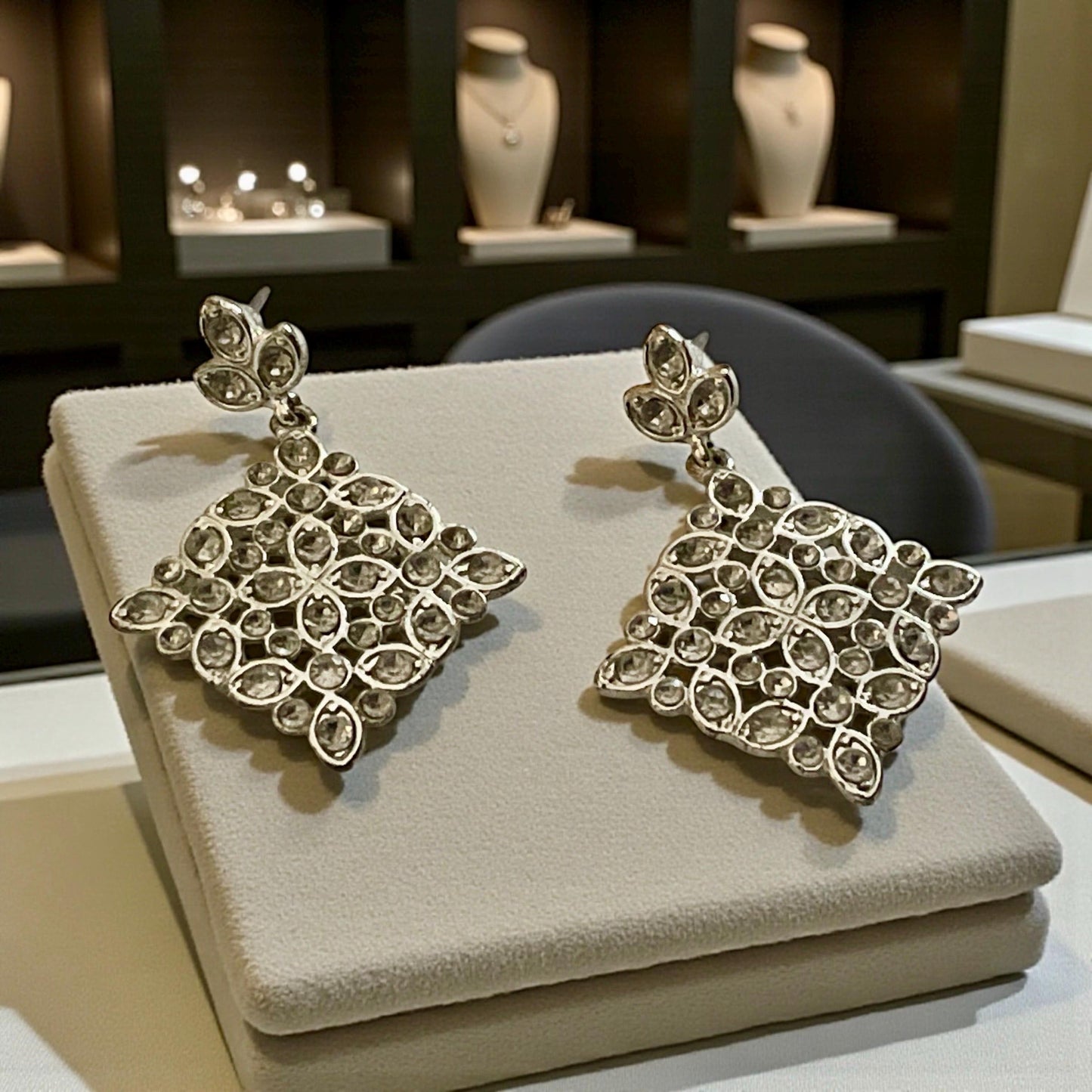 Elegant Silver-Tone Floral Design Statement Earrings with Sparkling Rhinestones