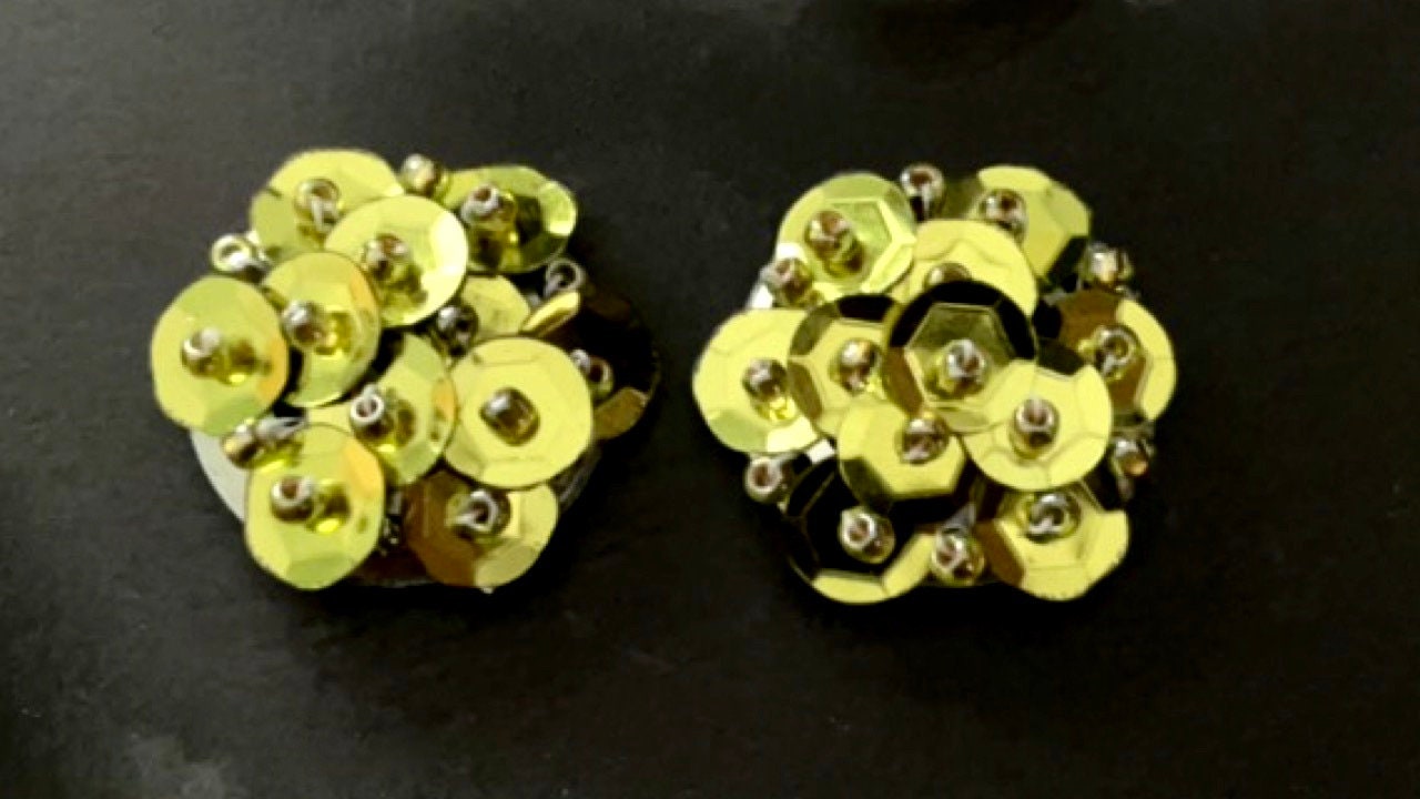 Gold sequin and beadwork stud earrings - for pierced ears OR clip on earrings - your preference