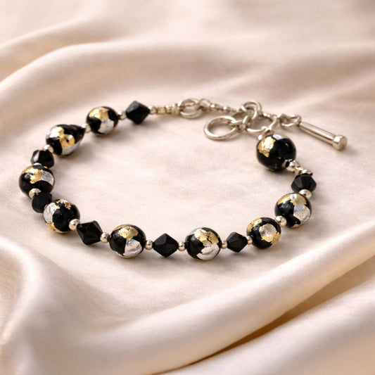 Vintage Lucky Clover brand Murano Glass Bracelet Black Gold Silver Foil Beads, Adjustable 7-8 Inch,m Italian Art Glass Jewelry