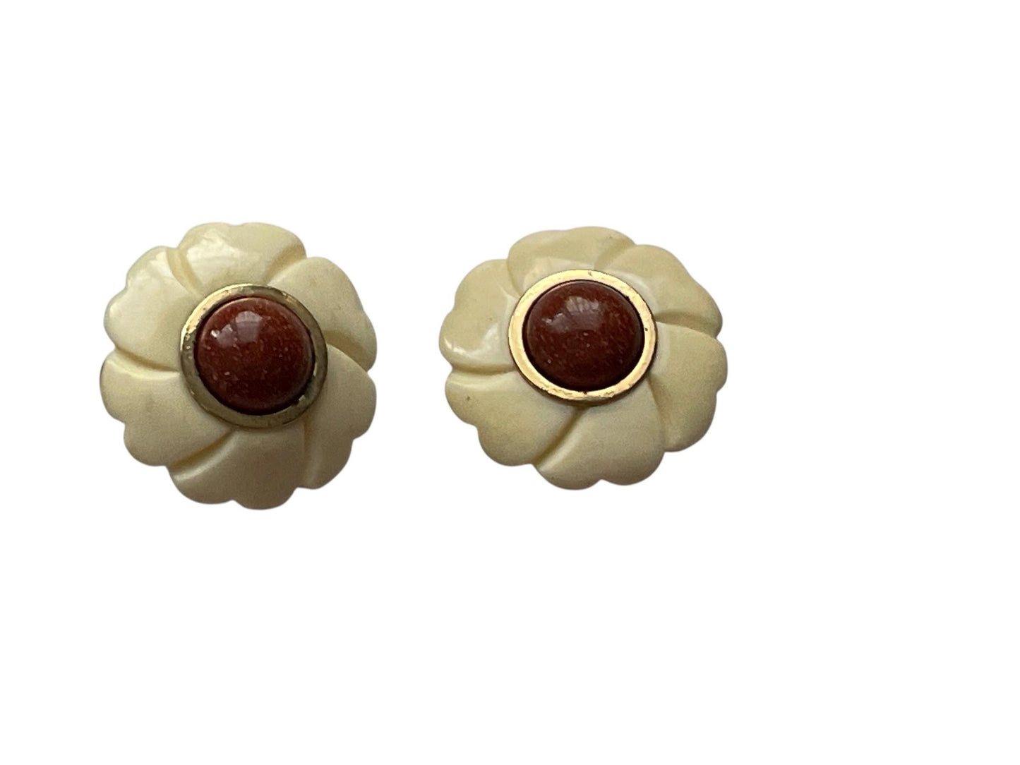 Vintage Carved Ivory-Tone Flower Clip Earrings with Cabochon Center | Retro Statement Earrings