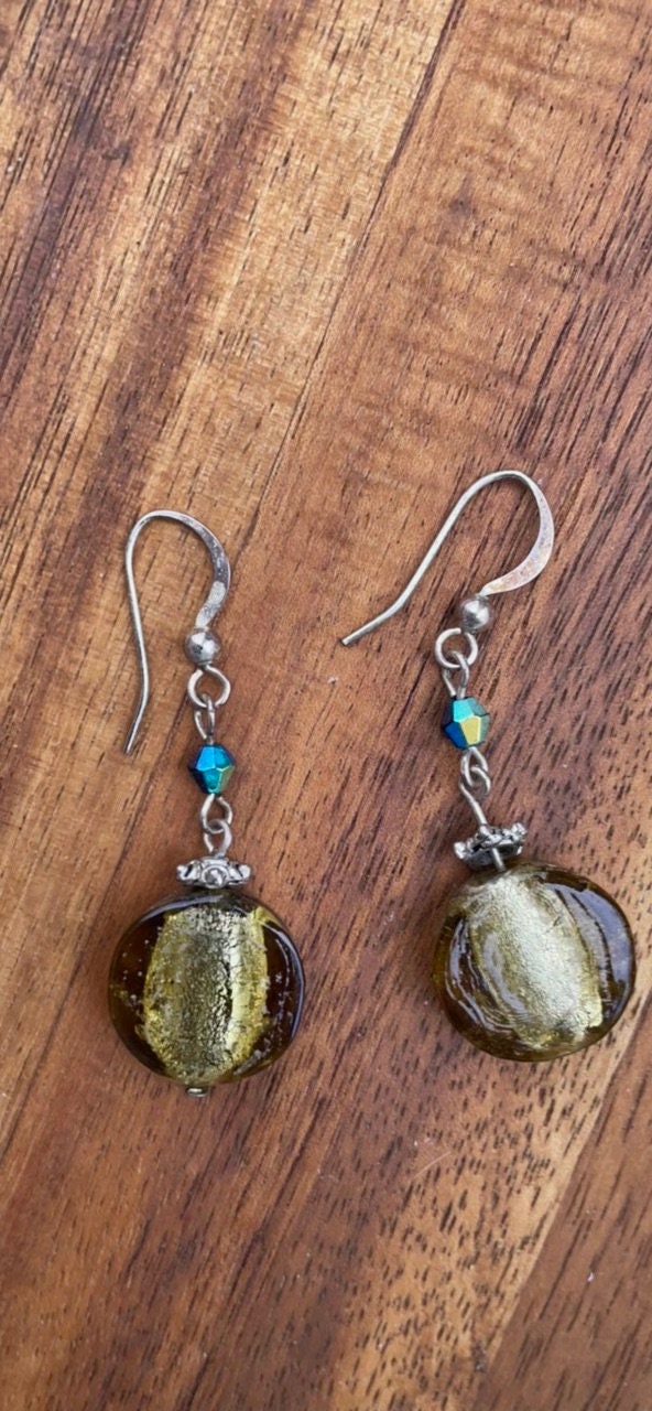 Vintage artisan glass and rhinestone drop earrings