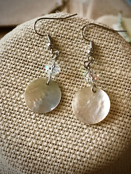 Handmade dangle earrings - mother-of-pearl with vintage crystals