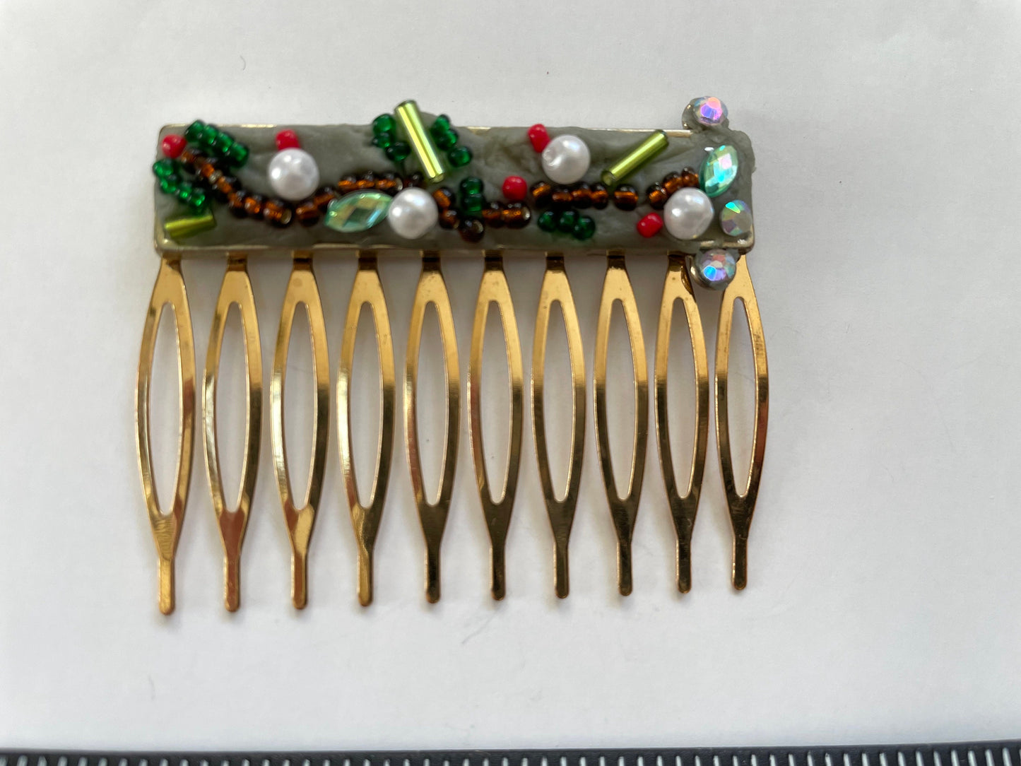 Mixed Material Mosaic Christmas themed metal hair comb -  micro mosaic / collage / Assemblage art / Millefiori