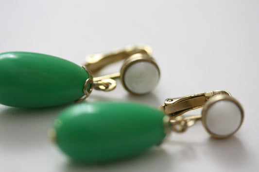 Green and white vintage Avon clip on dangle earrings