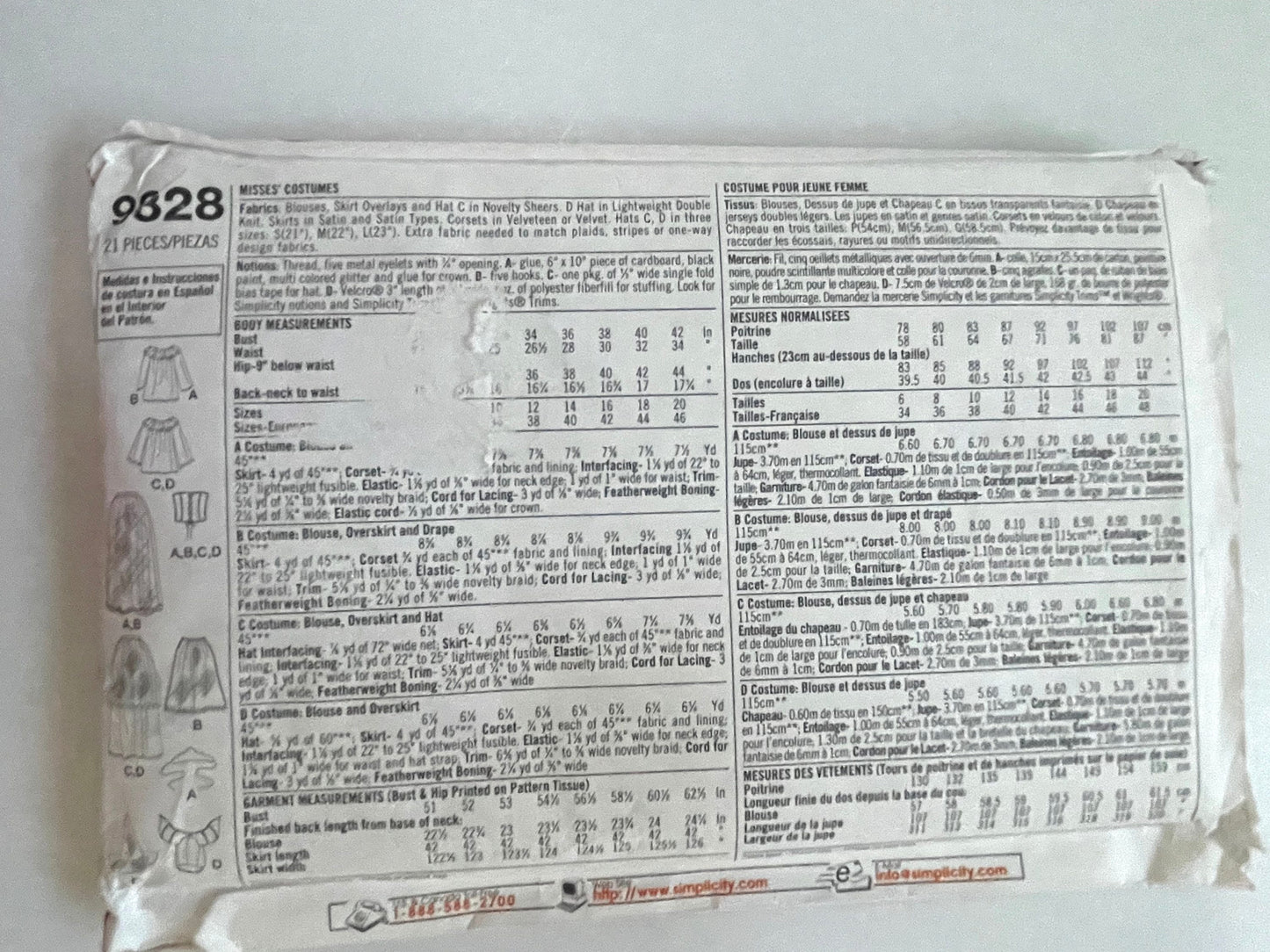 UNCUT Sewing Pattern - Simplicity Sewing Pattern 9828 Sz HH 6-12 ~ Misses' costumes - blouse, overskirt, drape, hat ~ witch, vampire